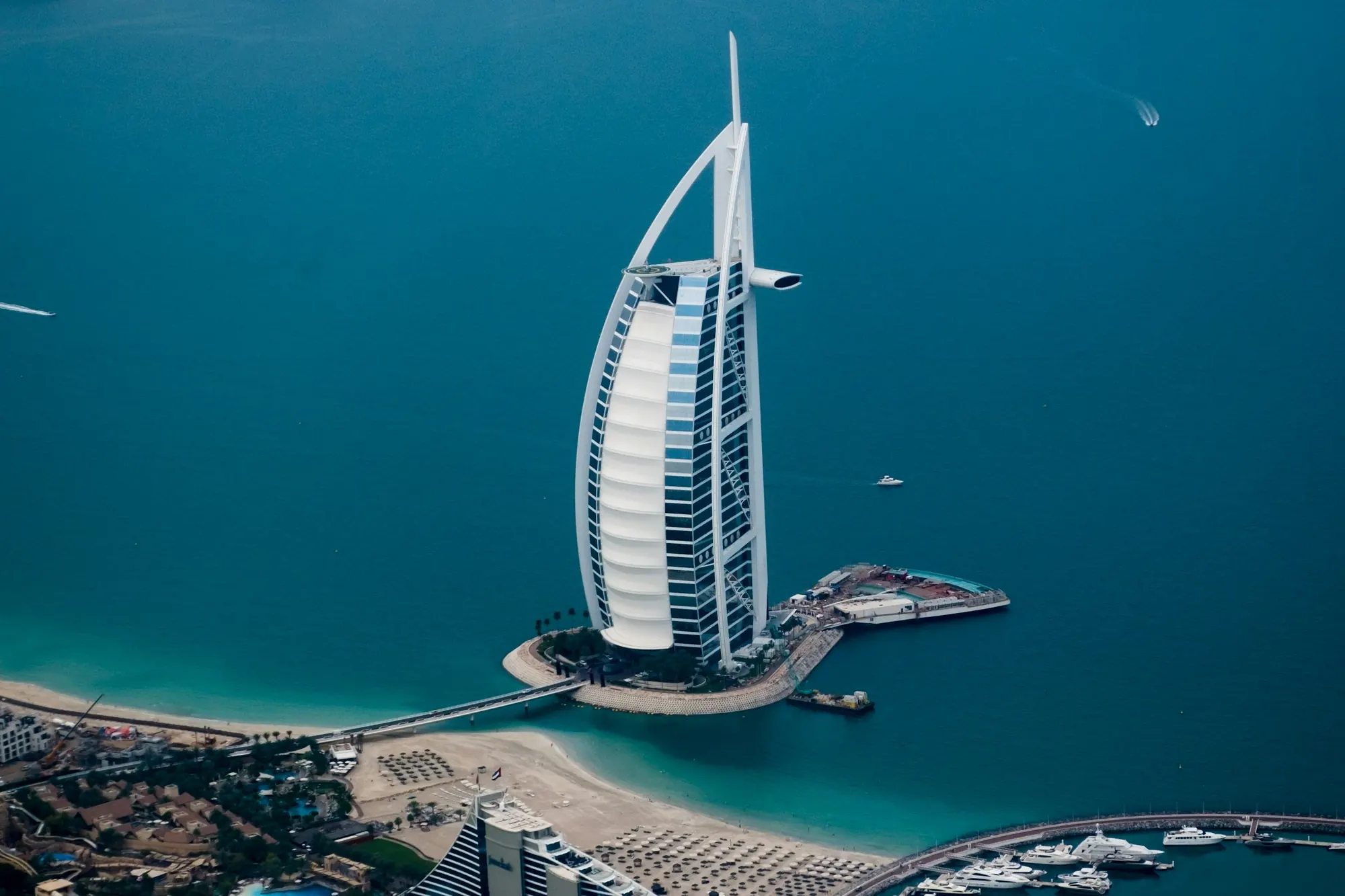 The Burj Al Arab and Dubai’s coastline seen from above