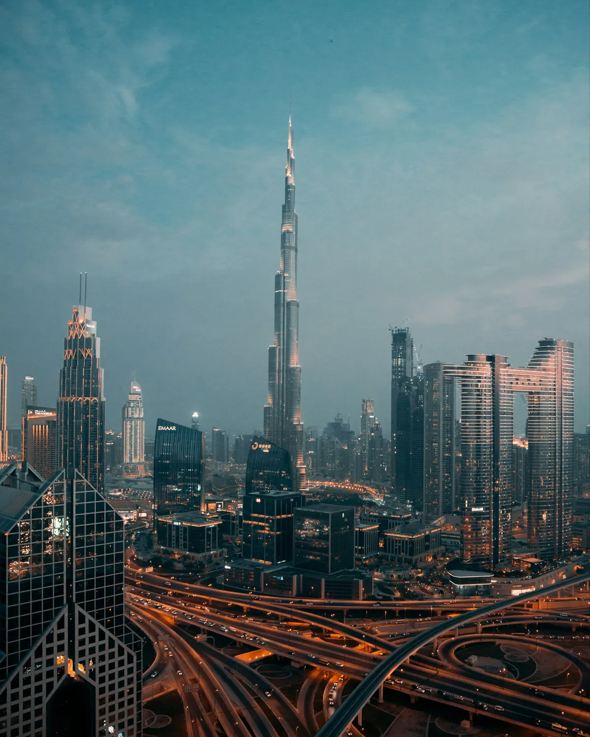 Downtown Dubai towers at dusk