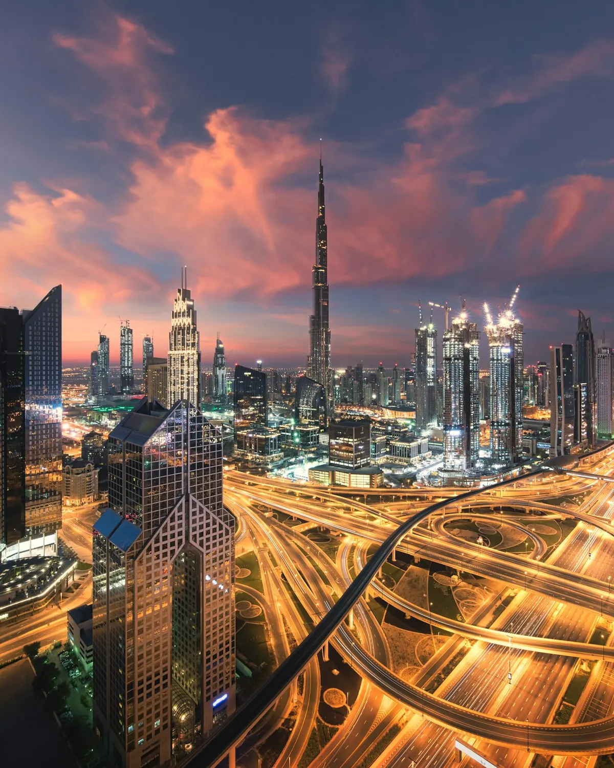Dubai’s lit highways and towers after dark
